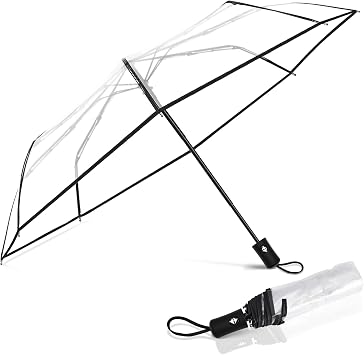 Clear Umbrella Transparent Portable Auto Open Close Umbrella Compact Foldable Large Umbrellas for Wedding for Women Men Travel Rainy Day Use, 11 Inches Long Folded