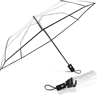Clear Automatic Open Foldable Umbrella Auto Open Close Transparent Umbrella Compact Large Umbrellas for Rain for Women Men Travel Rainy Day Use, 11 Inches Long Folded