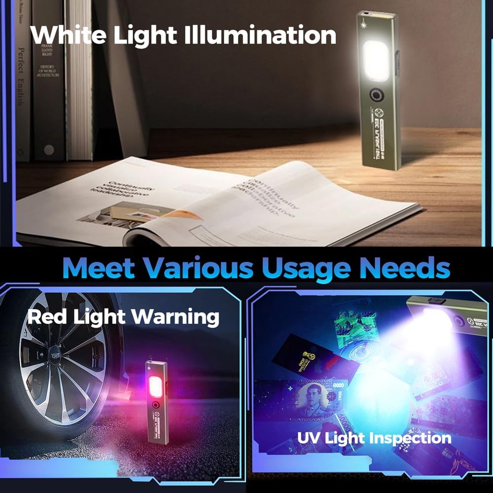 Rechargeable Flashlight EDC Flashlight Pocket Work Light, 950LM Triple Light Source with 6 Modes, 365nm UV Clip-on Light with Ruler, IPX4 Magnetic LED Tactical Flashlight for Outdoor/Emergency