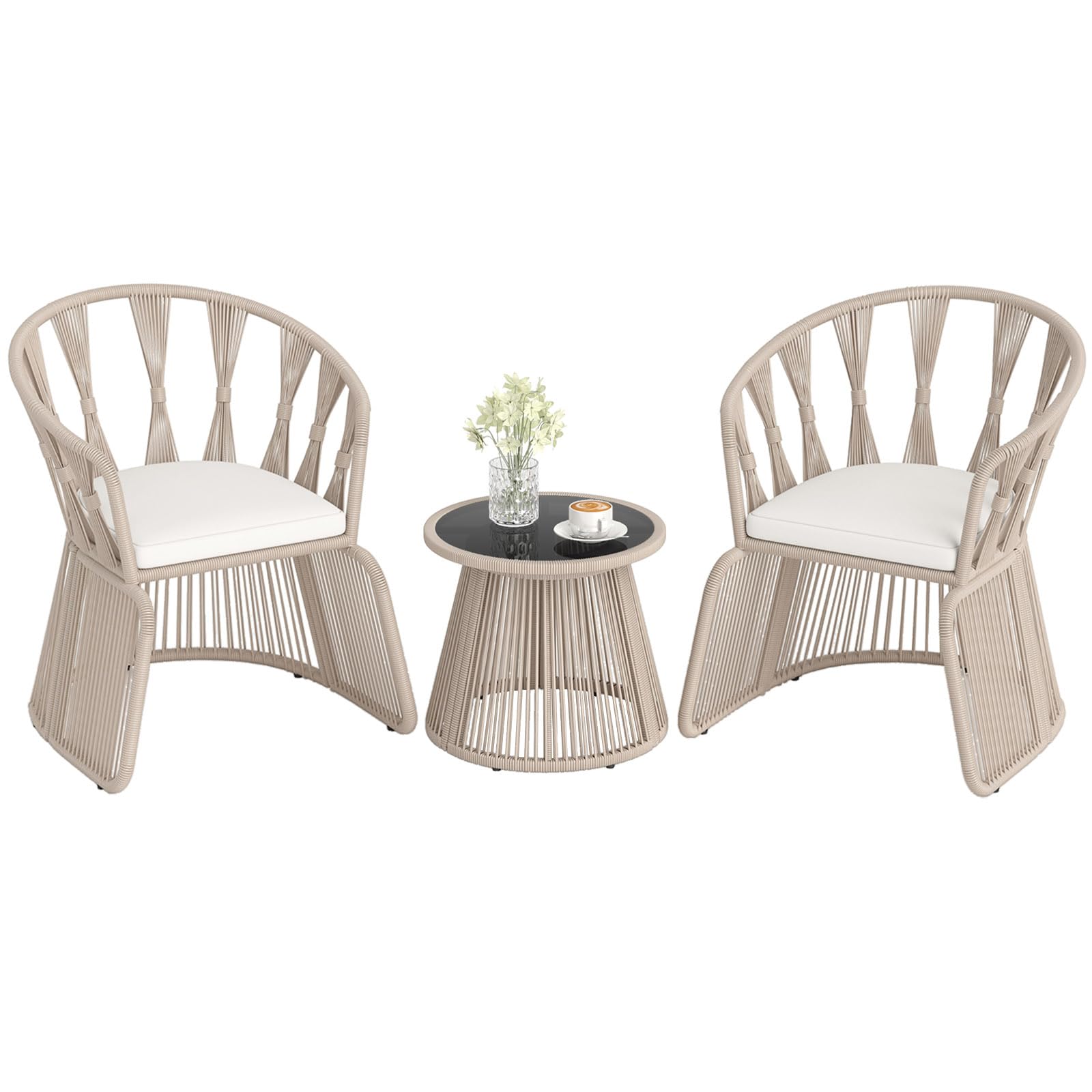 COSTWAY 3 PCS Rattan Bistro Set, Rope-Woven Patio Wicker Furniture Set with Soft Seat Cushions and Tempered Glass Tabletop, Metal Frame Outdoor Conversation Set for Balcony, Porch, Backyard