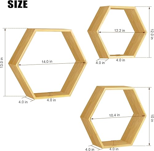 Miniatura 3 de Estantes hexagonales flotantes Juego de 3 estantes hexagonales de almacenamiento para dormitorio, pared de bambú, estante flotante de panal, estante