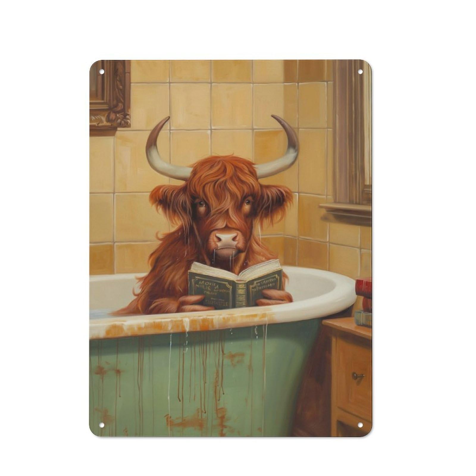 Junmoney Highland Cow Reading Book Shed Style Decorative Metal Plaque 40X30cm Featuring Porch Wall Decor For Patio Bar, Workshop, Shed Or Kitchen