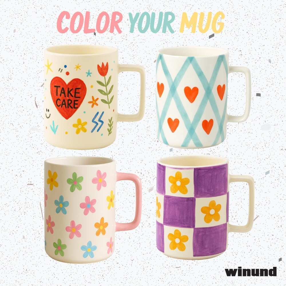 Winund – Set de 2 Tazas para Pintar con Pinturas Cerámica (12 Colores Pastel + Estándar), Pinceles, Esponja e Instrucciones – Manualidades Creativas y Regalo Original para Adultos y Niños