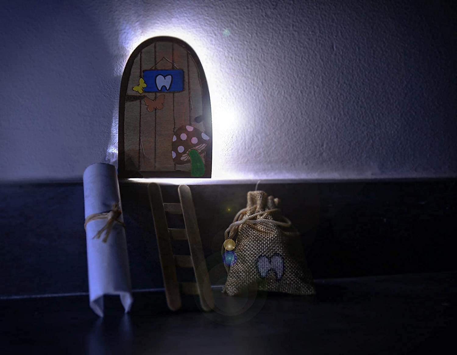 ABUBU Puerta Ratoncito Pérez mágica con Caja para Dientes de leche en Español, Carta, Escalera, Bolsita, Regalo original niño niña Ratón Pérez. Hecho a mano en España. Recuerdo Infancia