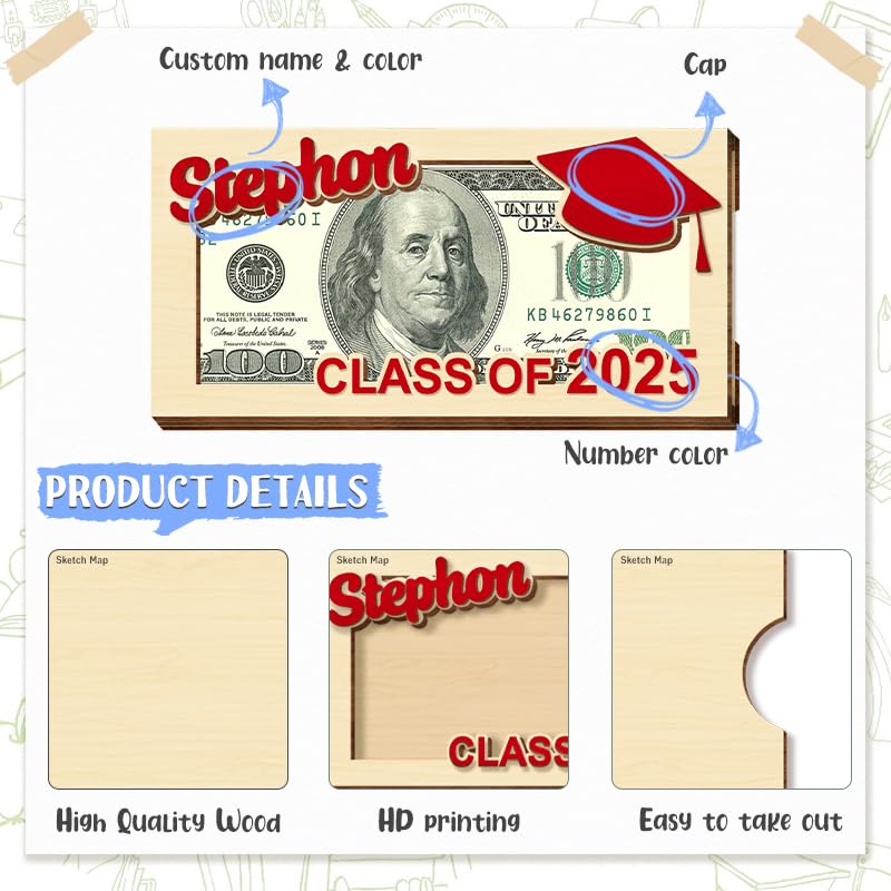 Graduation Gifts Personalized Graduation Money Holder Custom Name Wooden Graduation Card Box Cash Holder Customized Class of 2025 Senior Money Gift for Graduates Him Her2