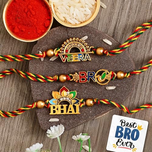 Image of eCraftIndia Set of 3 Multicolor Veera, Bro, Bhai, Brother Theme Fancy Designer Rakhis, Best Bro Ever Fridge Magnet with Roli Chawal Pack - Rakhi for Brother, Bhaiya, Bhai