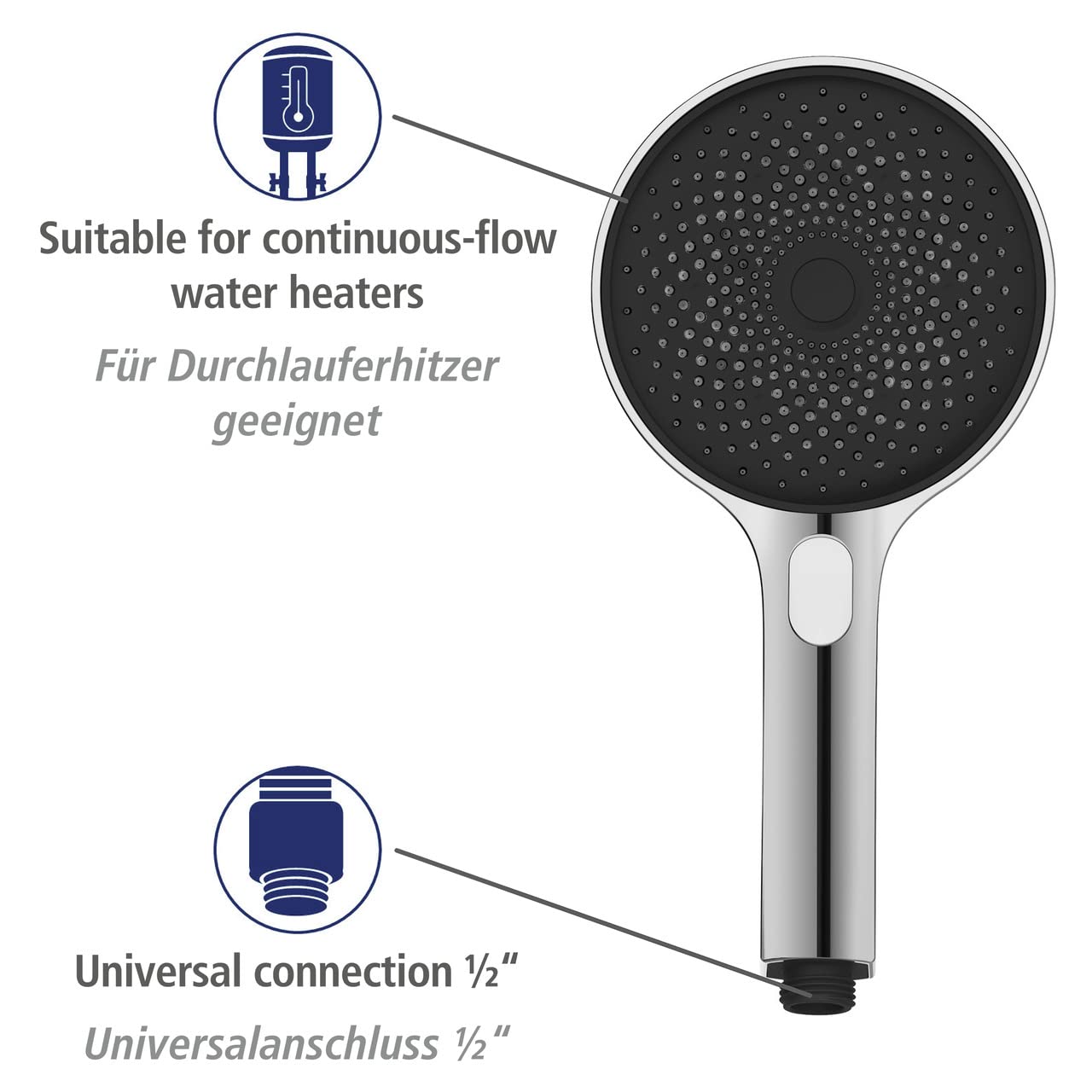 WENKO Set doccia Softwater, asta per doccia in acciaio inox dal design angolare con soffione Softwater per getto finissimo e tubo doccia flessibile idoneo, adatto per riscaldatore di flusso, cromato