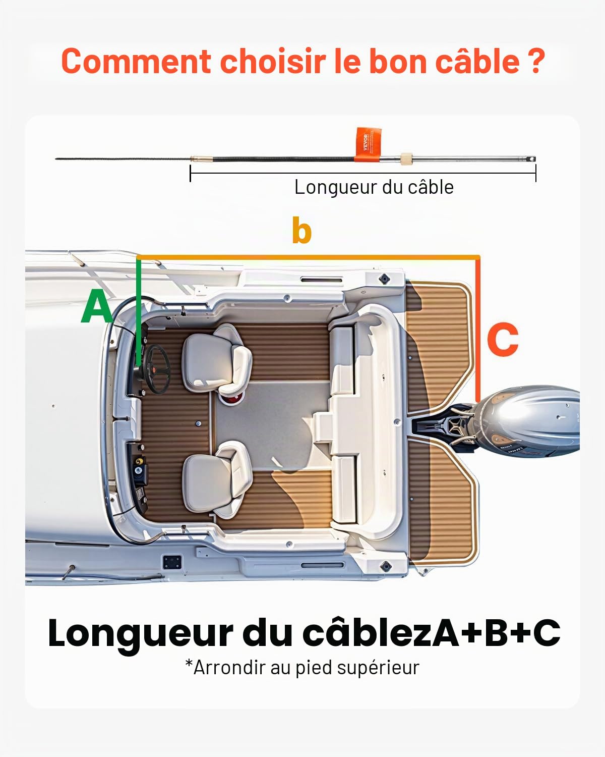 VEVOR Kit Direction Hydraulique Hors-bord avec Câble 3,96 m SS13713 et Volant 34,3 cm, Système de Direction Hydraulique Marin, Accessoires pour Bateau Voyage