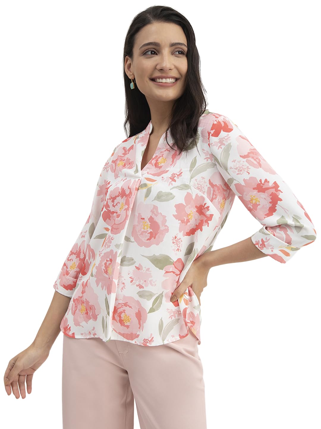 fablestreet Floral Print Mandarin Neck Top - White and Pink-picture-16