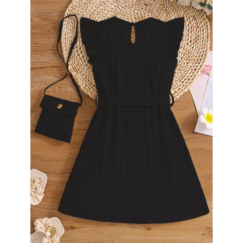 Image of Niren Enterprise Girls Fit And Flare Knee Length Striped Round Neck Sleeveless Dress with Waist Belt and String Purse