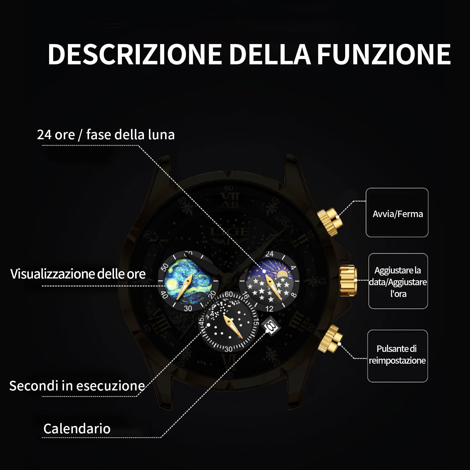 LIGE Orologio da uomo, cronografo, in acciaio inox, impermeabile, analogico, fase lunare, design al quarzo, nero, cinturino in pelle, da uomo, con data, luminoso, business, casual, per uomini, colore: