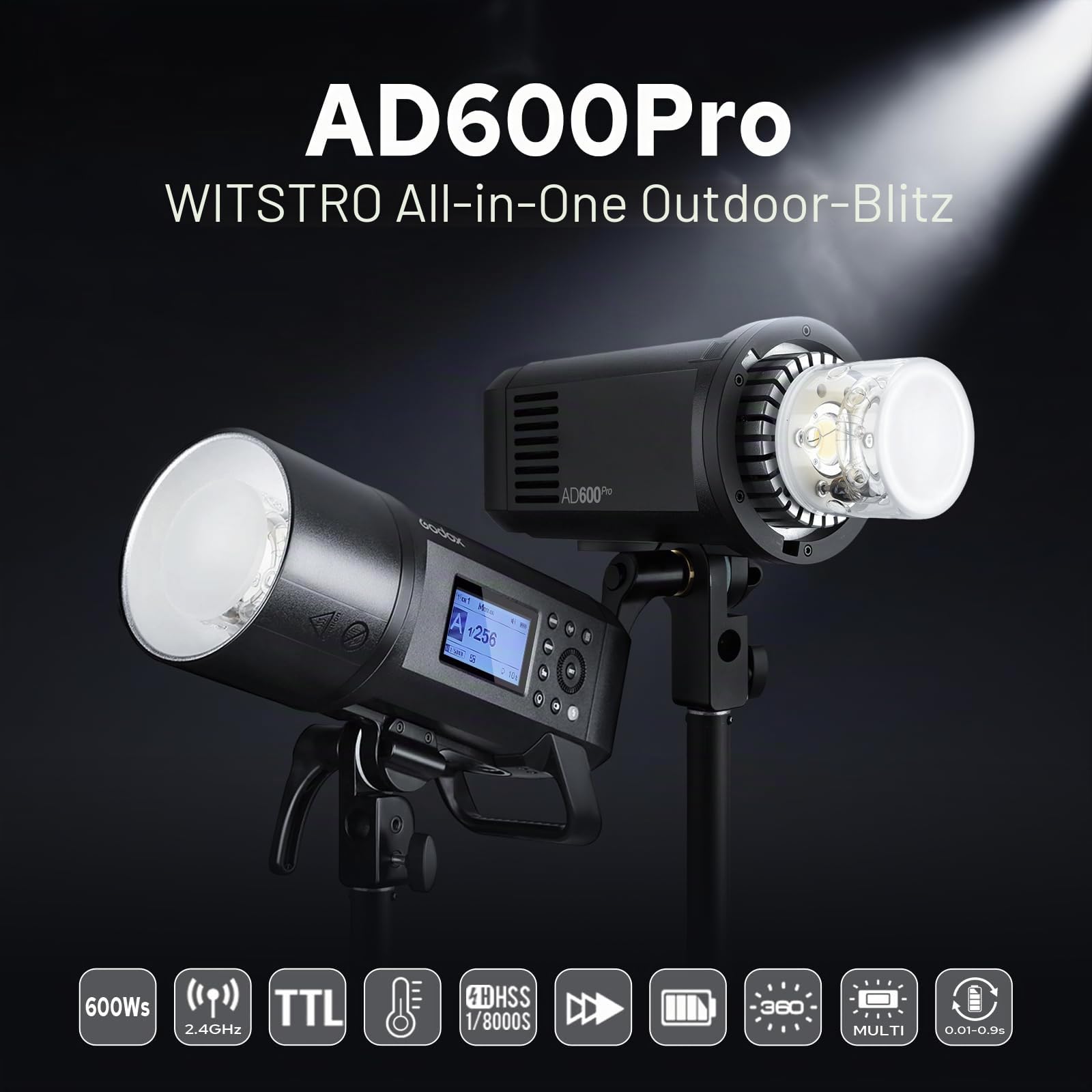 Godox AD600Pro Blitzlicht für Canon Nikon Sony Fuji Olympus Panasonic Kameras, 360 Vollblitze, 0.01-0.9s Zykluszeit, HSS 1/8000s 2.4G Wireless X System, 600Ws TTL Blitz mit 2600 mAh Batterie