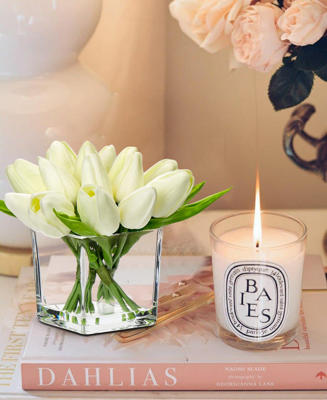 DILATATA Artificial Cream Tulips in Vase with Faux Water 5.5" Real Touch Flowers Fake Tulips Small Flowers Arrangement in Cube Glass Vase for Dining Table Centerpiece Wedding Home Decor