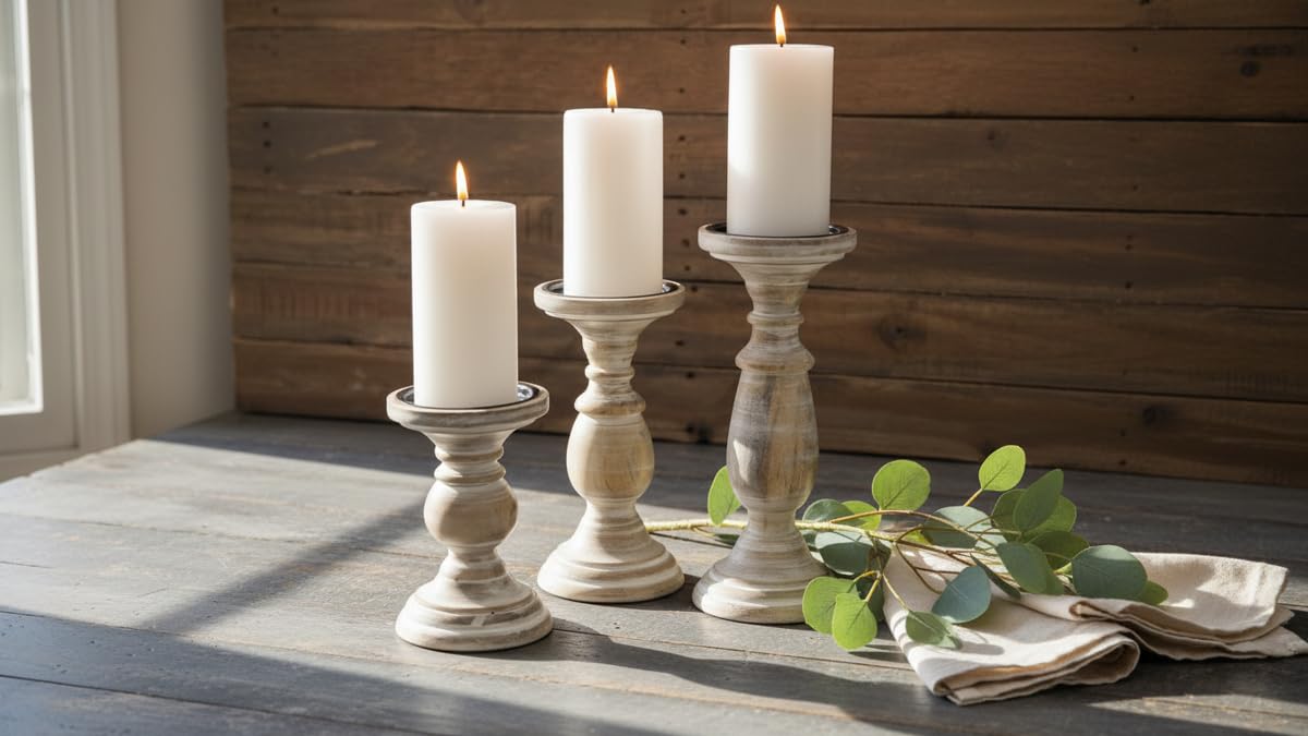 WSH - Set di 3 portacandele in legno per candele a colonna, colonne tornite arrotondate, legno sostenibile, stile country, aromaterapia, decorazione per la casa, 16,8 e 25,4 cm