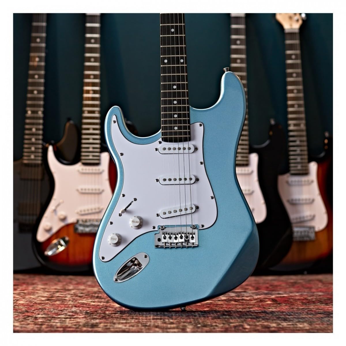 Guitare électrique pour gaucher Taille standard + courroie, sacoche, médiators, câble, bleu métallisé