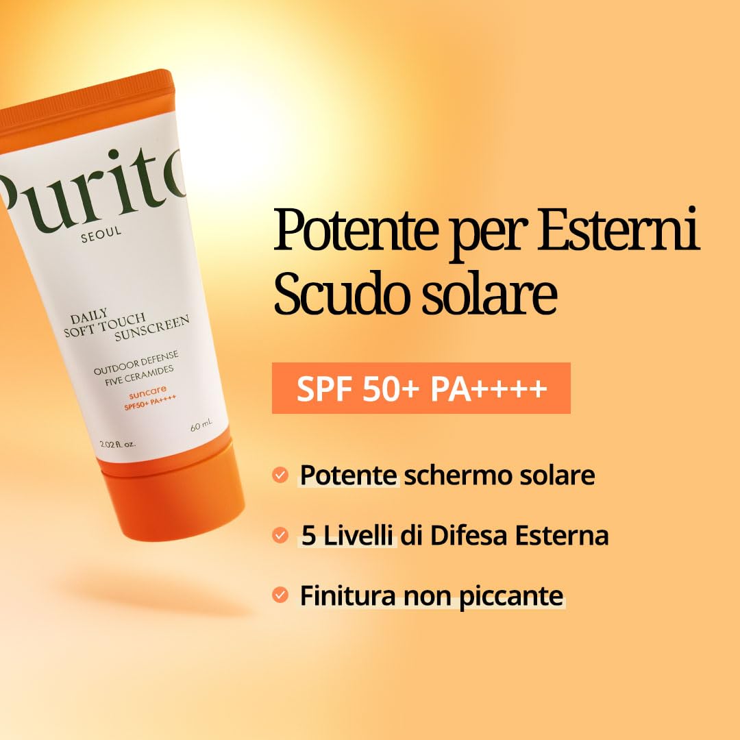 PURITO SEOUL Protezione solare quotidiana Soft Touch, SPF50+ PA++++, Ceramidi, Non Bianco, Protezione UVA e UVB resistente all'acqua, K-Beauty