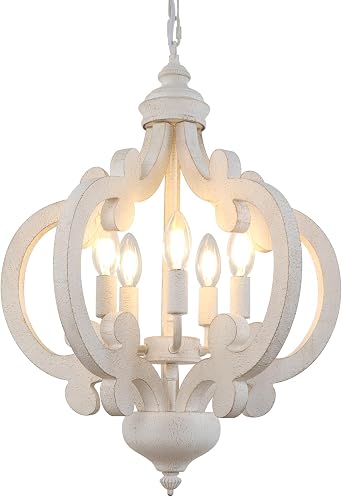 Modern Farmhouse Chandelier, 5 Lights Vintage White Chandeliers Ceiling Light, Adjustable Rustic Antique Wooden Chandelier for Living Room Bedroom Kitchen Hallway [Energy Class A]
