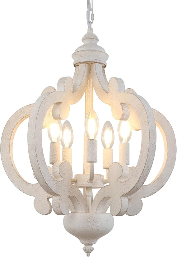 Modern Farmhouse Chandelier, 5 Lights Vintage White Chandeliers Ceiling Light, Adjustable Rustic Antique Wooden Chandelier for Living Room Bedroom Kitchen Hallway [Energy Class A]