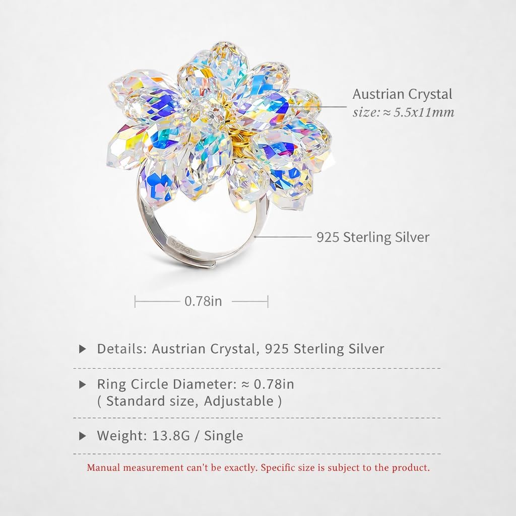 Handcraft Multicolor Ring Adjustable 925 Sterling Silver with Austrian Raindrop Crystals Stunning Jewelry Piece for Women ladies gift