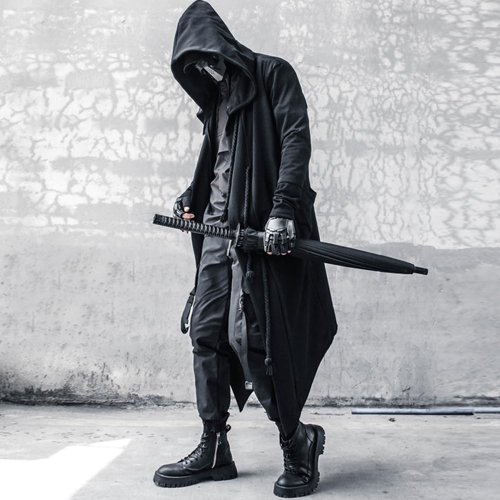 Gothic Cloak Long Hoodie Herren Schwarz Zauberer Hoodies Streetwear Cardigan Hoodie Techwear Herren