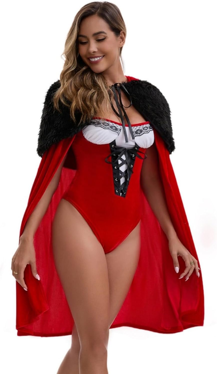 Honeystore Women's Nightgown Red 3 Pieces Teddy Babydoll Lingerie Sleepwear with Cloak