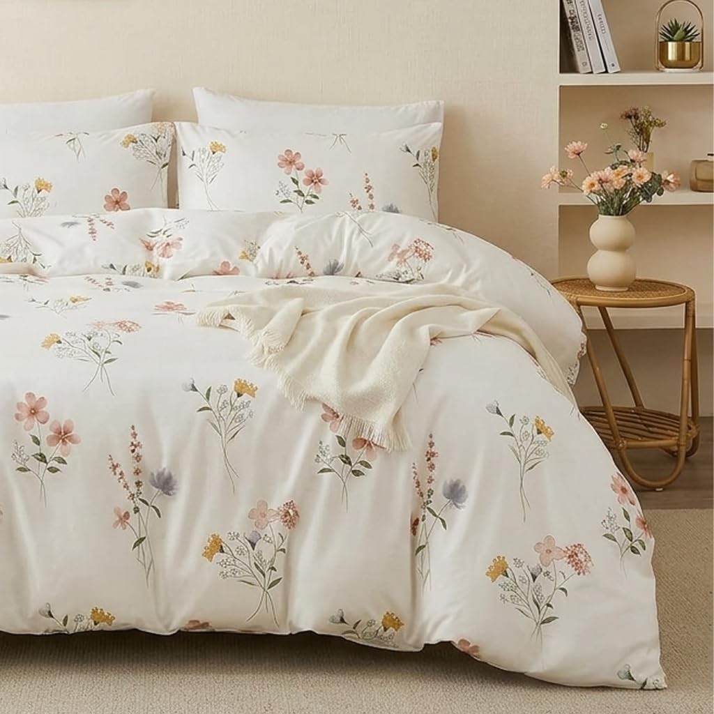 100% Cotton Duvet Cover Set Queen – Pink Watercolor Wildflower Meadow Bedding Set 3 Pieces, Lightweight Ultra Soft Comforter Cover with Zipper Closure, Soft Pastel Botanical Bed Set