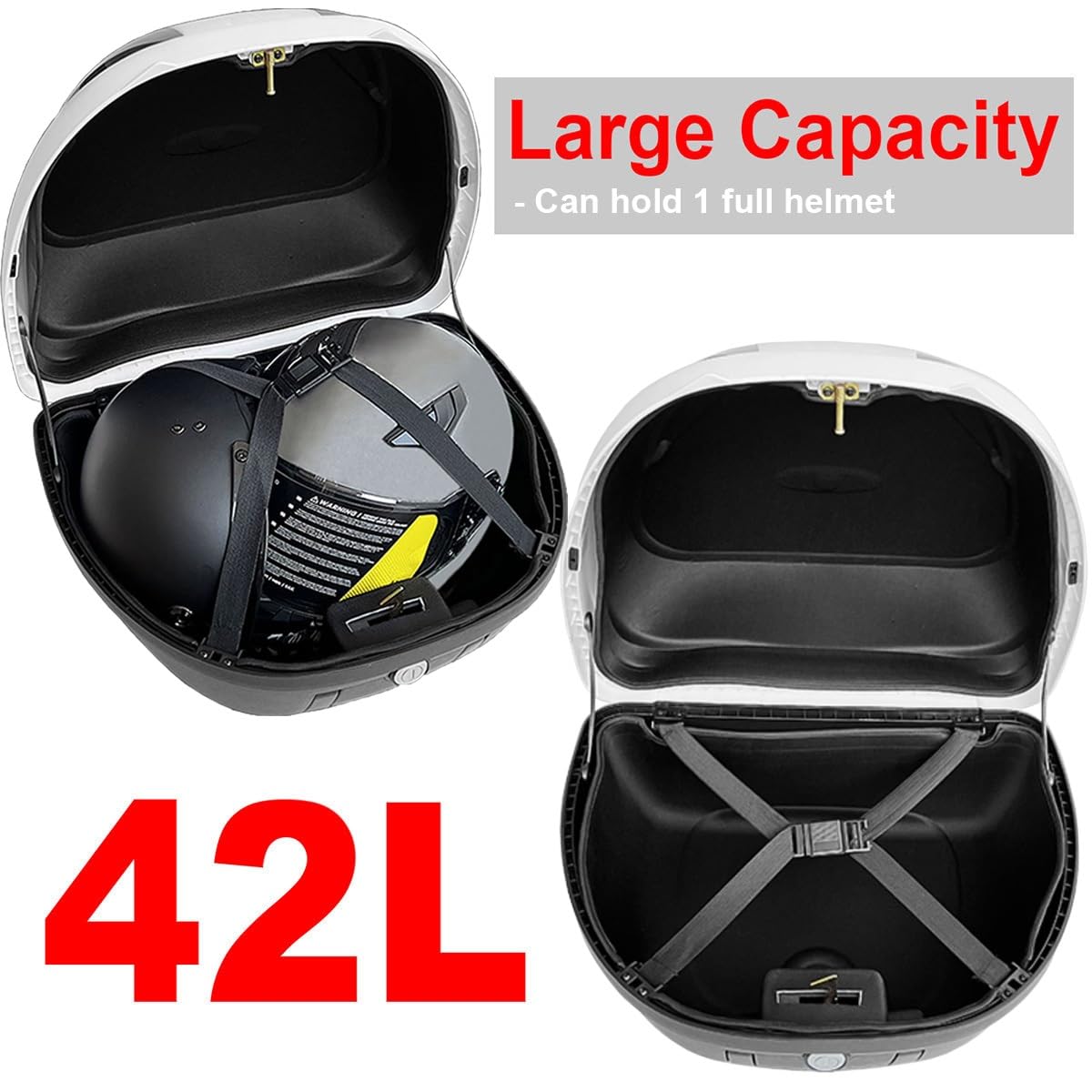 Motorradkoffer Top case Motorrad Tour Heckbox Kofferraum 42L Koffer,Scooter Kunststoffkoffer für Helmgepäck,wasserdichte Motorrad Top case abschließbar mit Rückenlehne,Platte - Weiß(Schwarz)