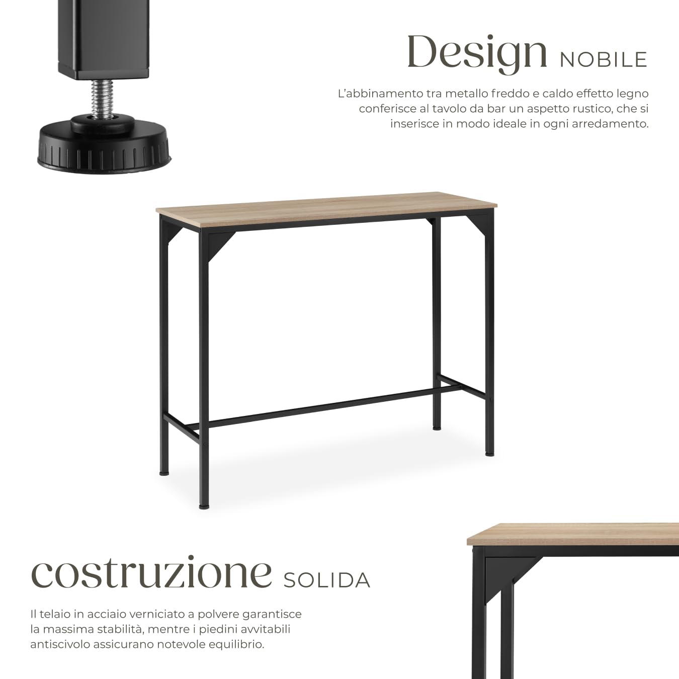 tectake® Tavolo Alto da bar snello, Tavolo stile industriale minimalista, Bancone Bar, supporto in acciaio verniciato, piedi regolabili 120 x 40 x 100,5 cm, Casa e Cucina - Legno Industriale Chiaro