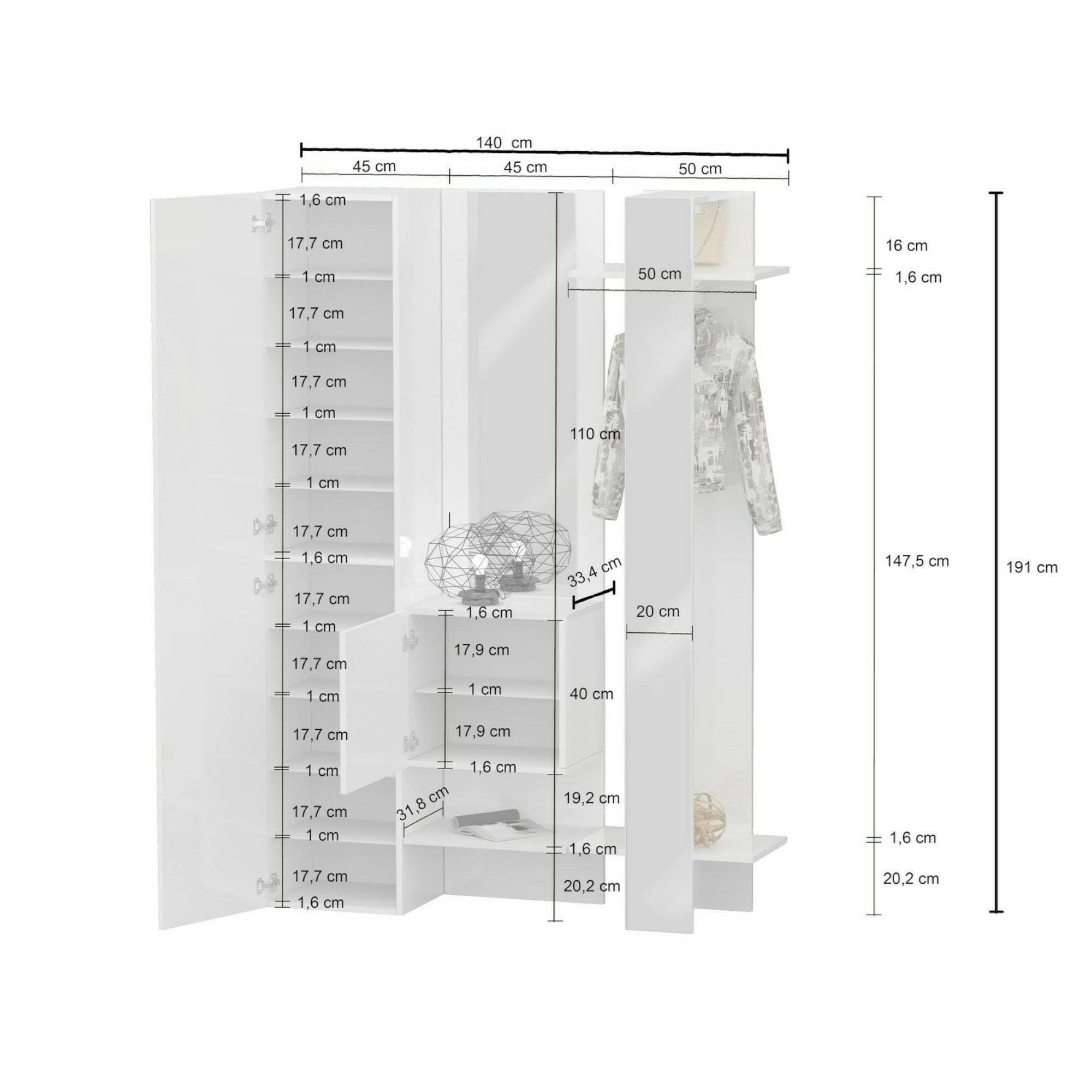 Dmora - Mobile da ingresso Vilmaro, Armadietto multifunzione a 2 ante, Appendiabiti da parete con 2 specchi, 140x35h190 cm, Bianco