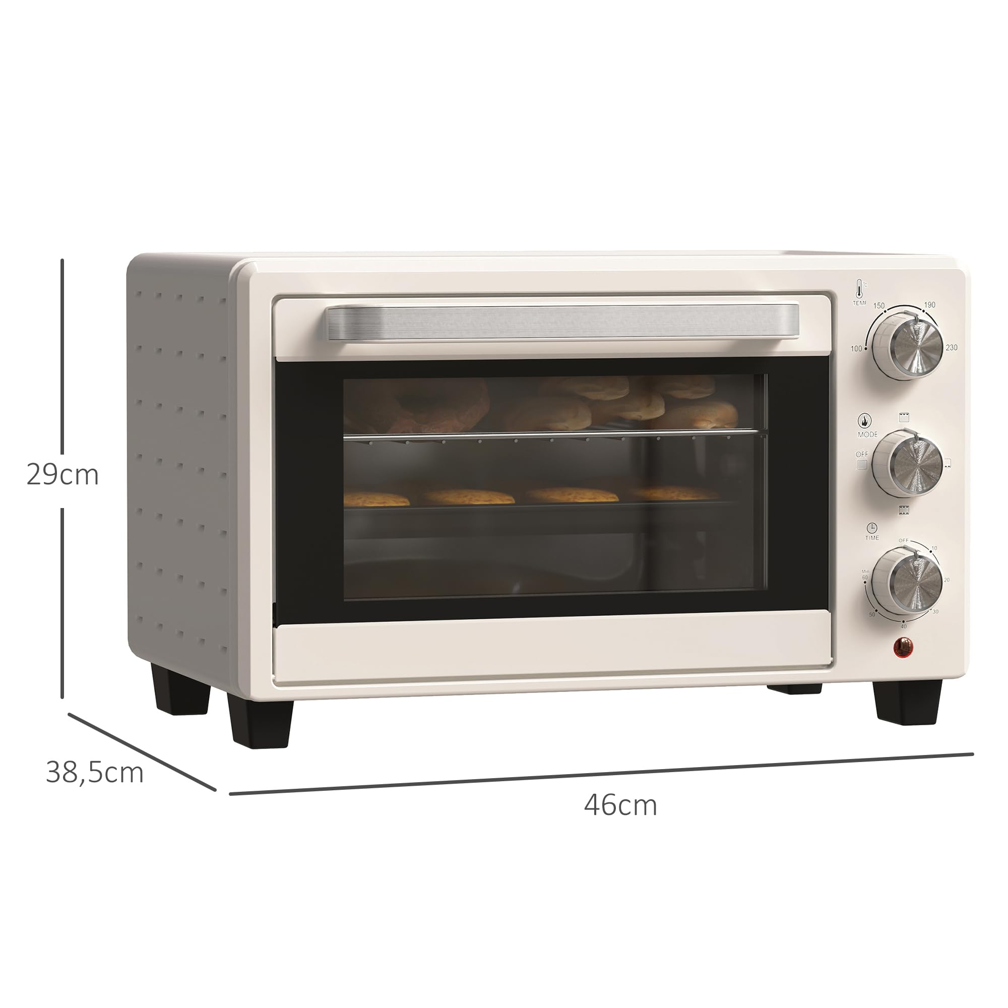 HOMCOM Mini four à pizza de 21 l, miniofen inkl. Backblech, Grillrost und Krümmelblech, 1400W Tischbackofen mit 1h Timer, Ofenrost, 100-230℃, Metall, Creme