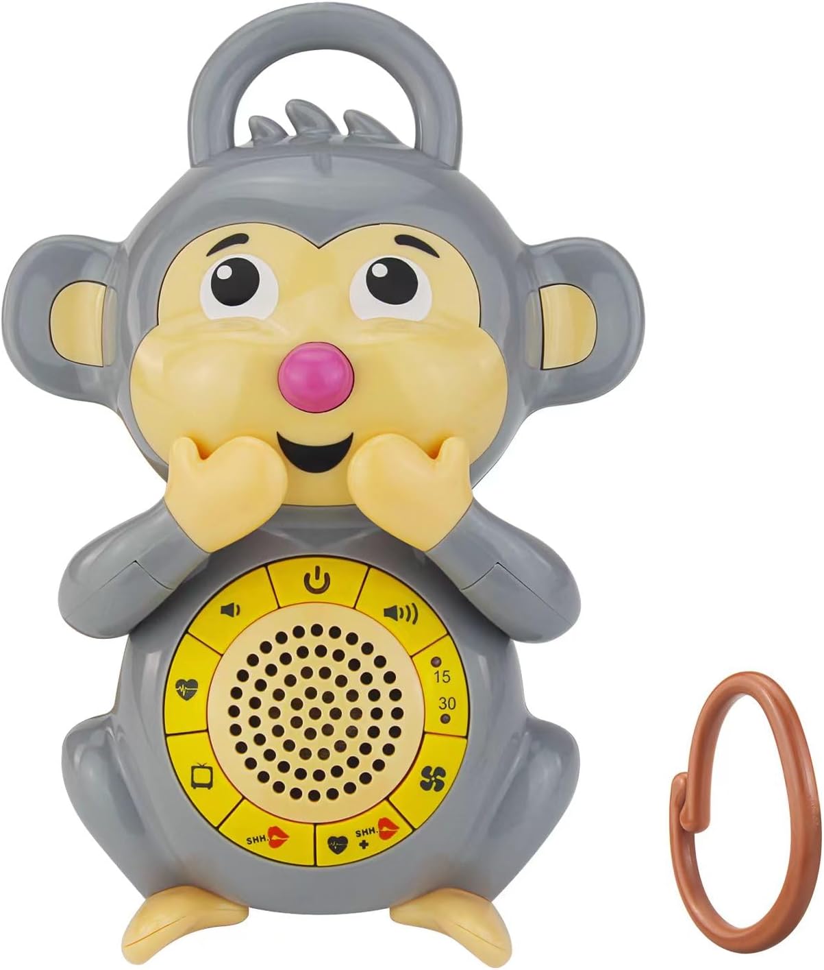 BIGMONAT Monkey Baby Sleep Soother with a White Noise Sound Machine Featuring 5 Soft Ambient Sounds, USB Rechargeable and Lullaby Machine for Sleeping Travel Baby Gift (Brown)