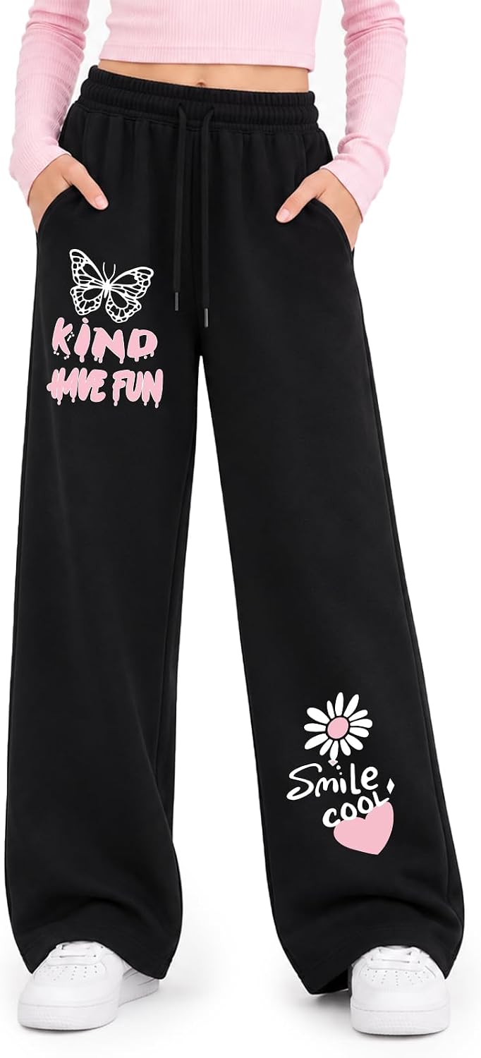 Girls Cute Graphic Sweatpants Wide Leg Elastic Waist Baggy Pants Kids Positive Butterfly Heart Y2k Streetwear Pants