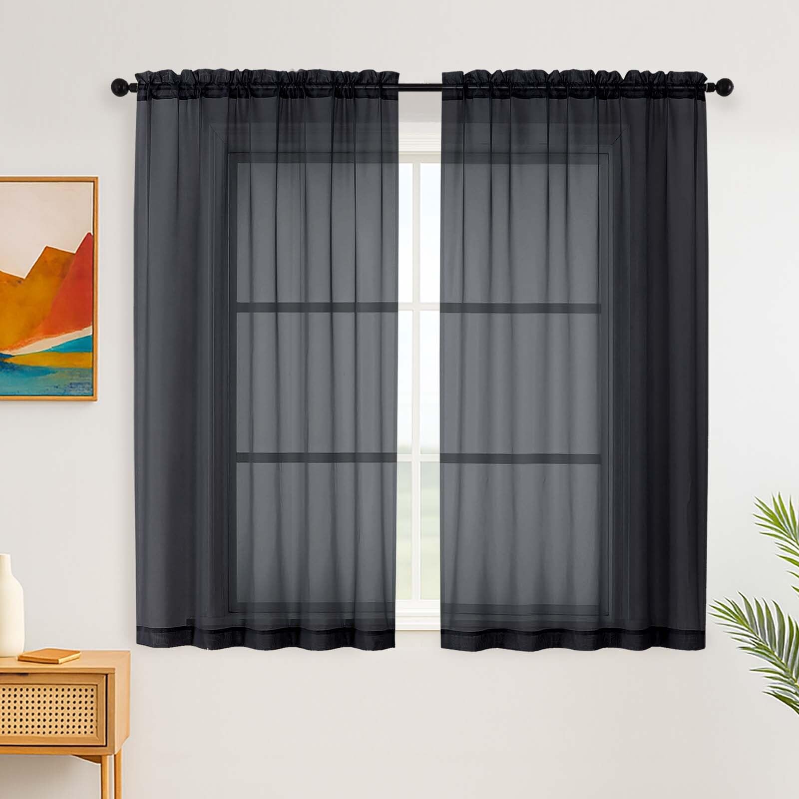 Simplebrand Black Short Sheer Curtains for Bedroom, 137 cm Length, 2 Panels Set, Light Filtering Voile Home Curtains & Drapes, Rod Pocket Window for Living Room (Black, 150cm W x 137cm L)