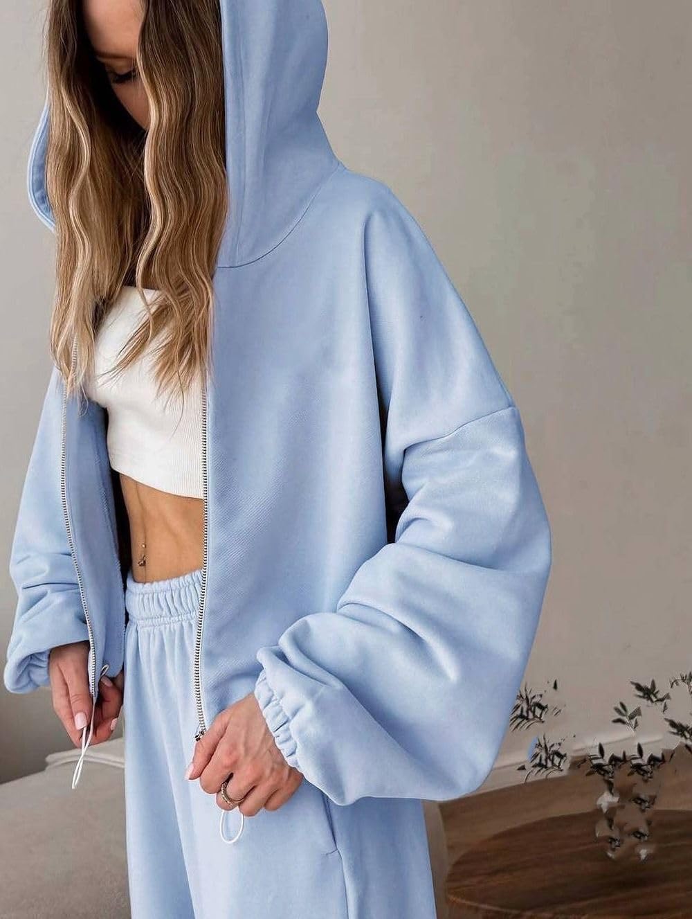 Ensemble 2 pièces sport pour femme, sweat à capuche à fermeture éclair et pantalon large décontracté