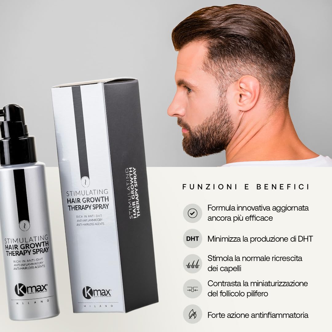 Kmax Stimulating Hair Growth Therapy Spray - Ricrescita Uomo e Donna con Azione Anti DHT, Lozione Anticaduta Capelli - Formato da 100 ml