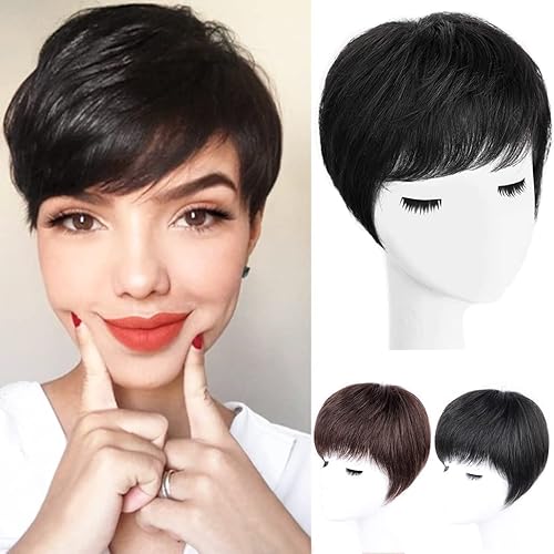 Cubrecabello humano corto y liso para mujer con flequillo barrido, marrón oscuro, 5.9 x 6.3 pulgadas, base de seda, pieza superior giratoria de 6