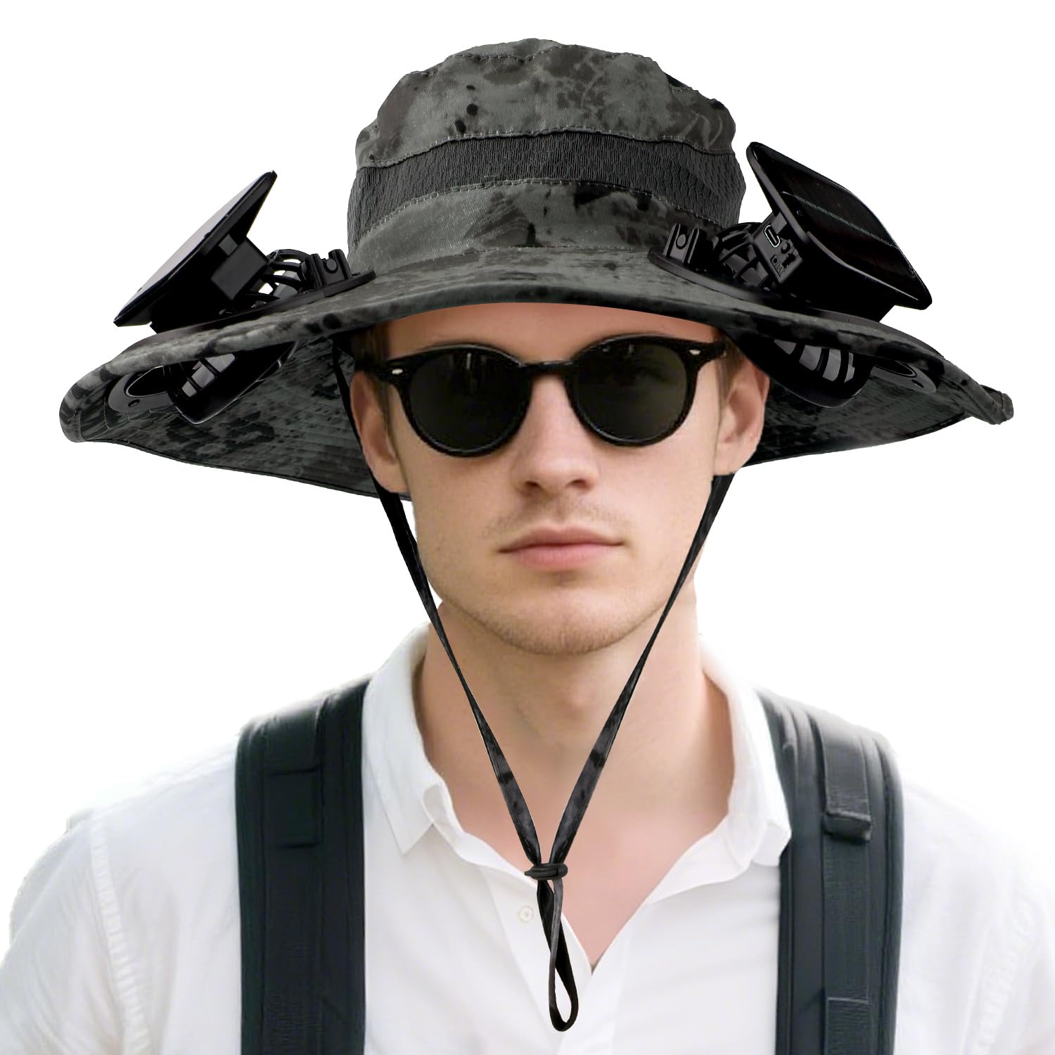 Chapeau Solaire avec Ventilateur, Chapeau de Soleil à Large Bord Gris Foncé avec 2 Ventilateurs de Charge Amovibles pour Femmes Hommes Chapeaux à Ventilateur Solaire pour Randonnée en Plein Air