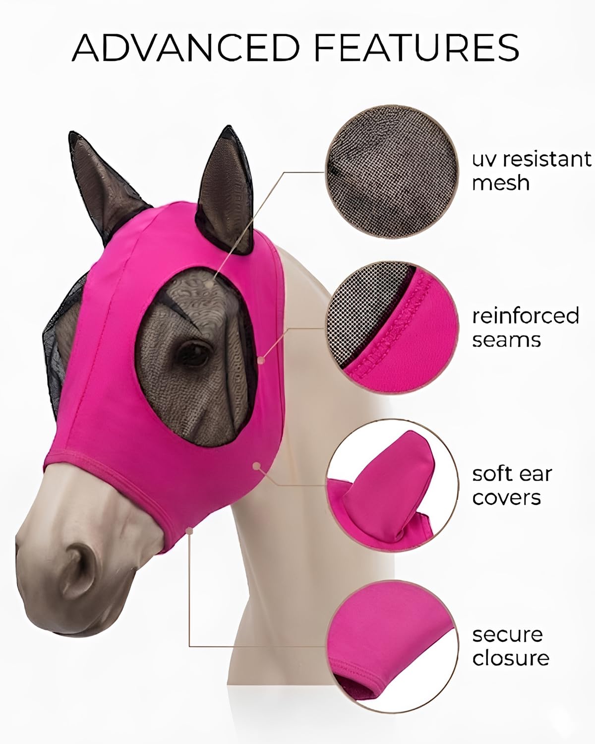 1 Pz Maschera per Cavalli Rosa Fucsia con Paraorecchie, Protezione UV & Insetti, Rete Traspirante per Benessere Equino
