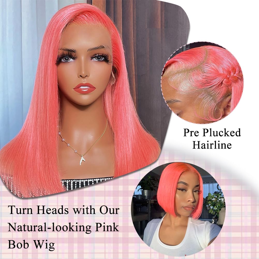 Amazon.com : MUGOHK Pink Bob Wig Human Hair 12 Inch 13x4  display picture 2