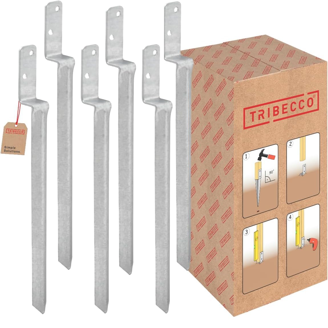 TRIBECCO Douille de sol à enfoncer en forme de L pour poteaux en bois carrés. Dimensions : 40 x 530 mm. Support de poteau en L à enfoncer dans le sol. Chaussure de support universelle en L en acier