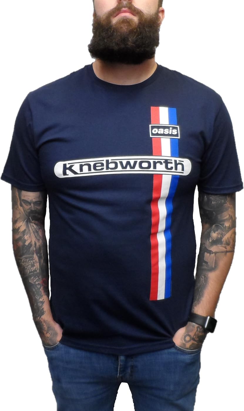 Mazeys Mens Official Oasis T Shirt… (UK, Alpha, XXL, Regular, Regular, Navy Blue Knebworth Vertical Stripe)
