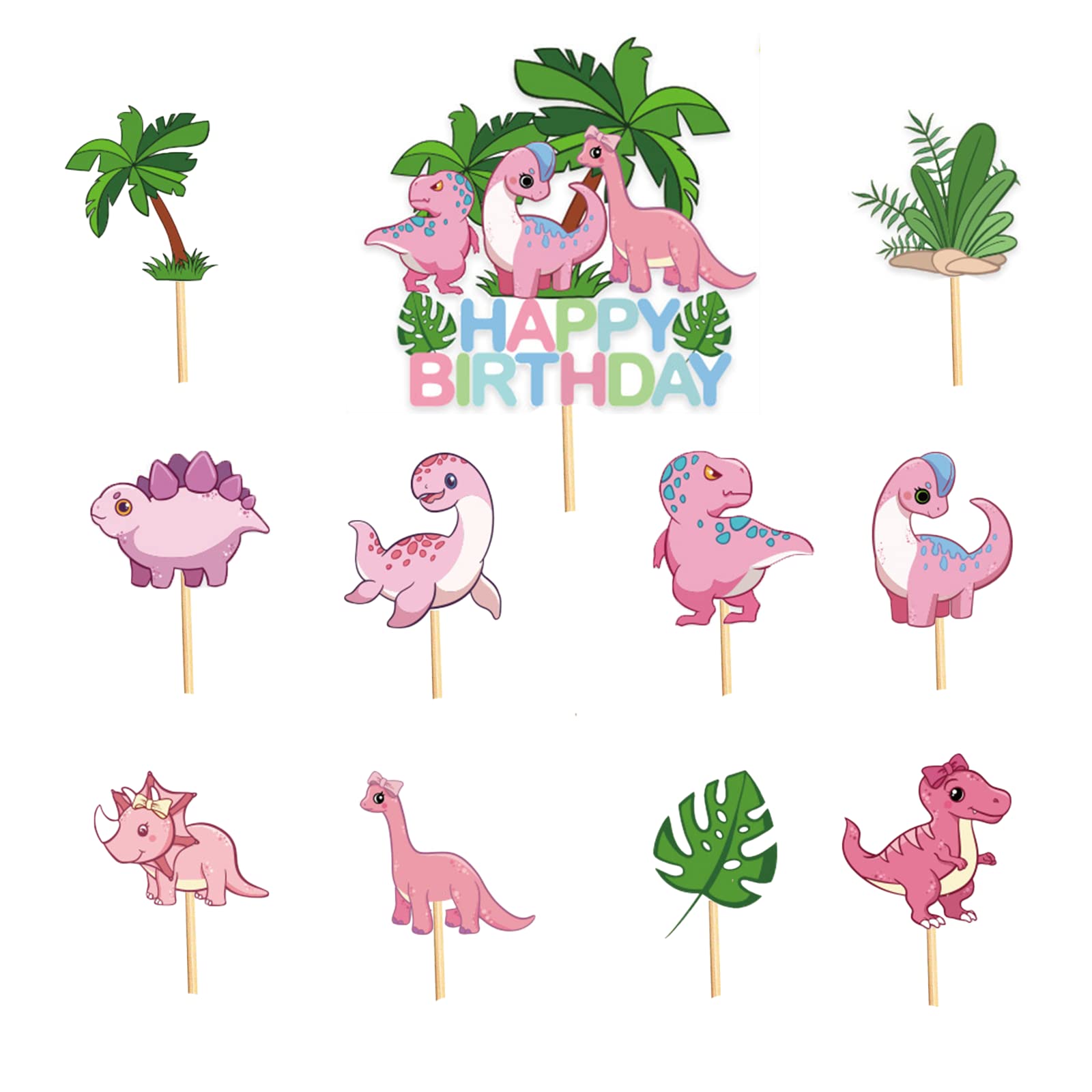 11Pcs Pink Dinosaur Happy Birthday Cake Toppers,Dinosaur Cake Toppers for Girls,GirlsDinosaur Birthday Cake Decorations Cupcake Toppers for Girls,Kids,Baby Shower BirthdayDinosaur Party Supplies