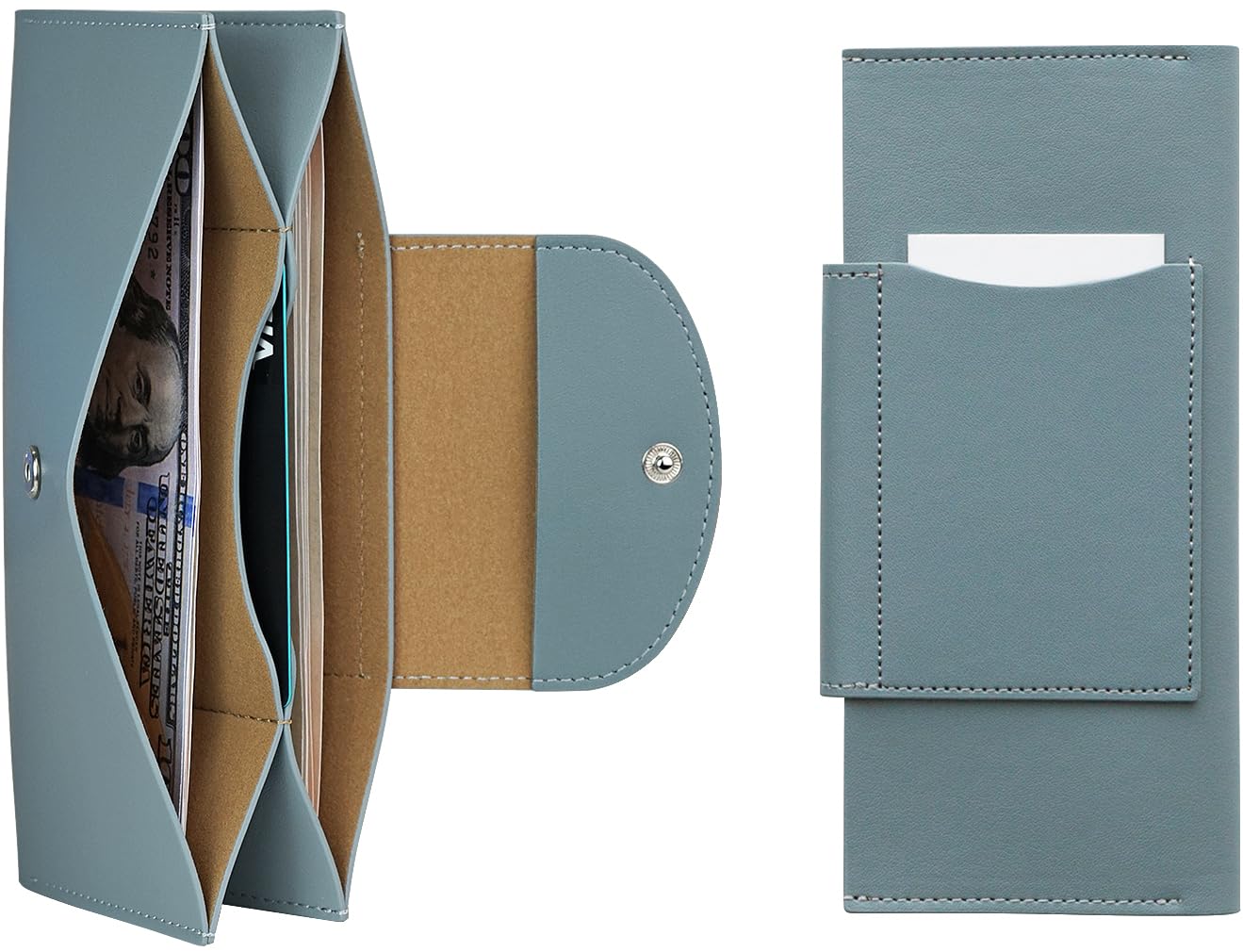 carrotez All-in-One Long Bifold 2-Tier PU Leather Wallet for Women, Money Organizer for Travel, Budgeting, Cash Envelope Wallet for Carrying Cash, Credit Cards & Business Cards - Fog Blue
