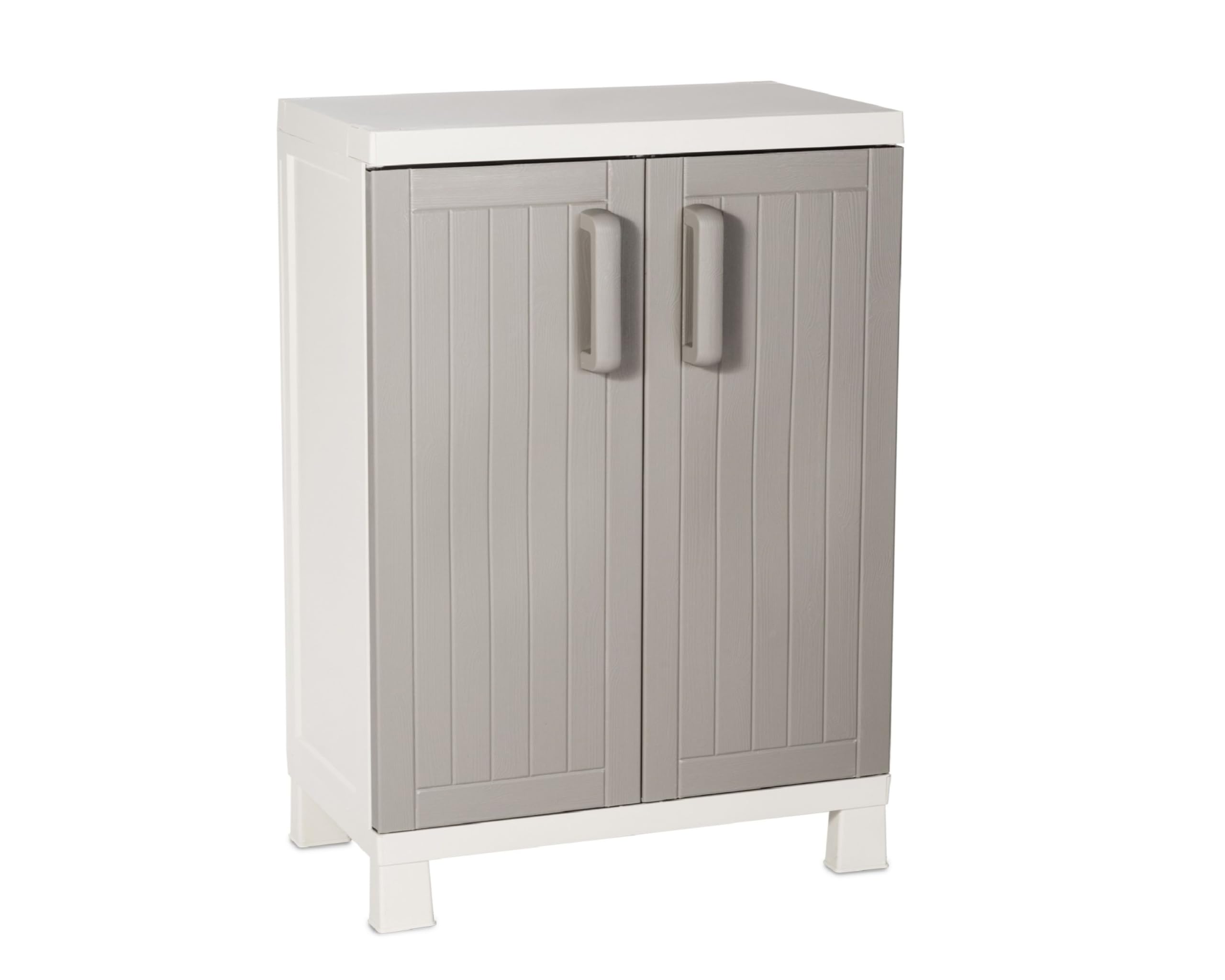 Toomax Armadio Wood Midi Basso 65x37x93h cm in plastica resistente effetto legno grigio tortora/grigio chiaro, con 2 ripiani regolabili e piedini, ideale per garage, cantine e spazi interni