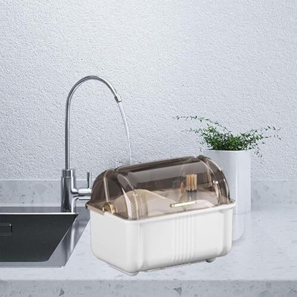 Escurridor de Platos Blanco con Tapa Antipolvo y Bandeja recogegotas extraíble para un Secado higiénico y una Limpieza fácil: solución de Almacenamiento para la vajilla de Cocina.