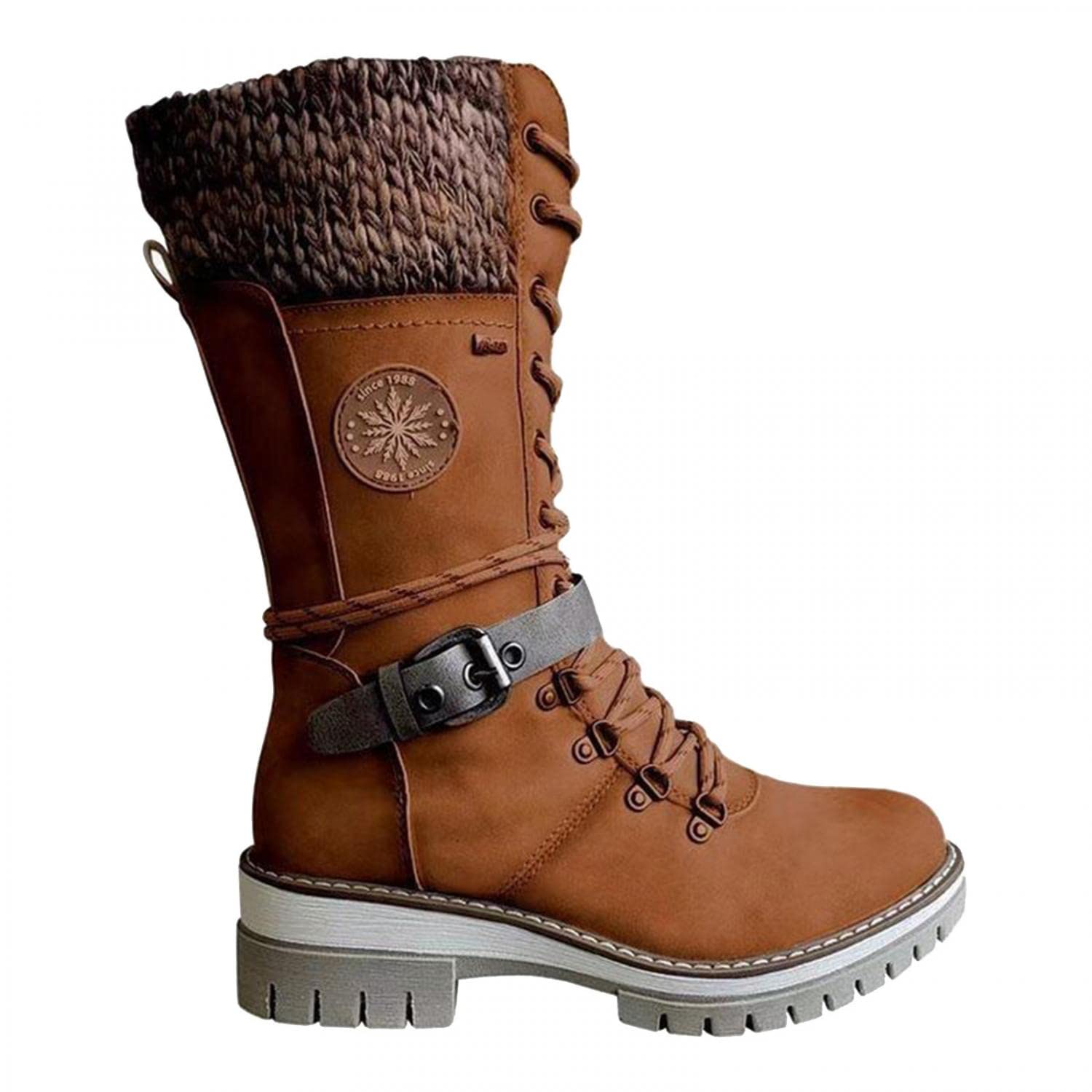 Buckle lace knitted mid calf boots Clearance