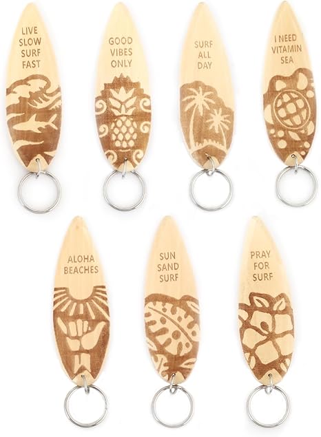 Wooden Surfboard Keychains Fun Key Chains Beach Party Favor Purse Backpack Keychain Mini Surfboard Pendant, Set of 7