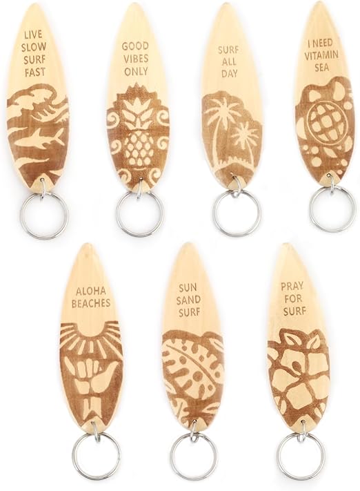 Wooden Surfboard Keychains Fun Key Chains Beach Party Favor Purse Backpack Keychain Mini Surfboard Pendant, Set of 7