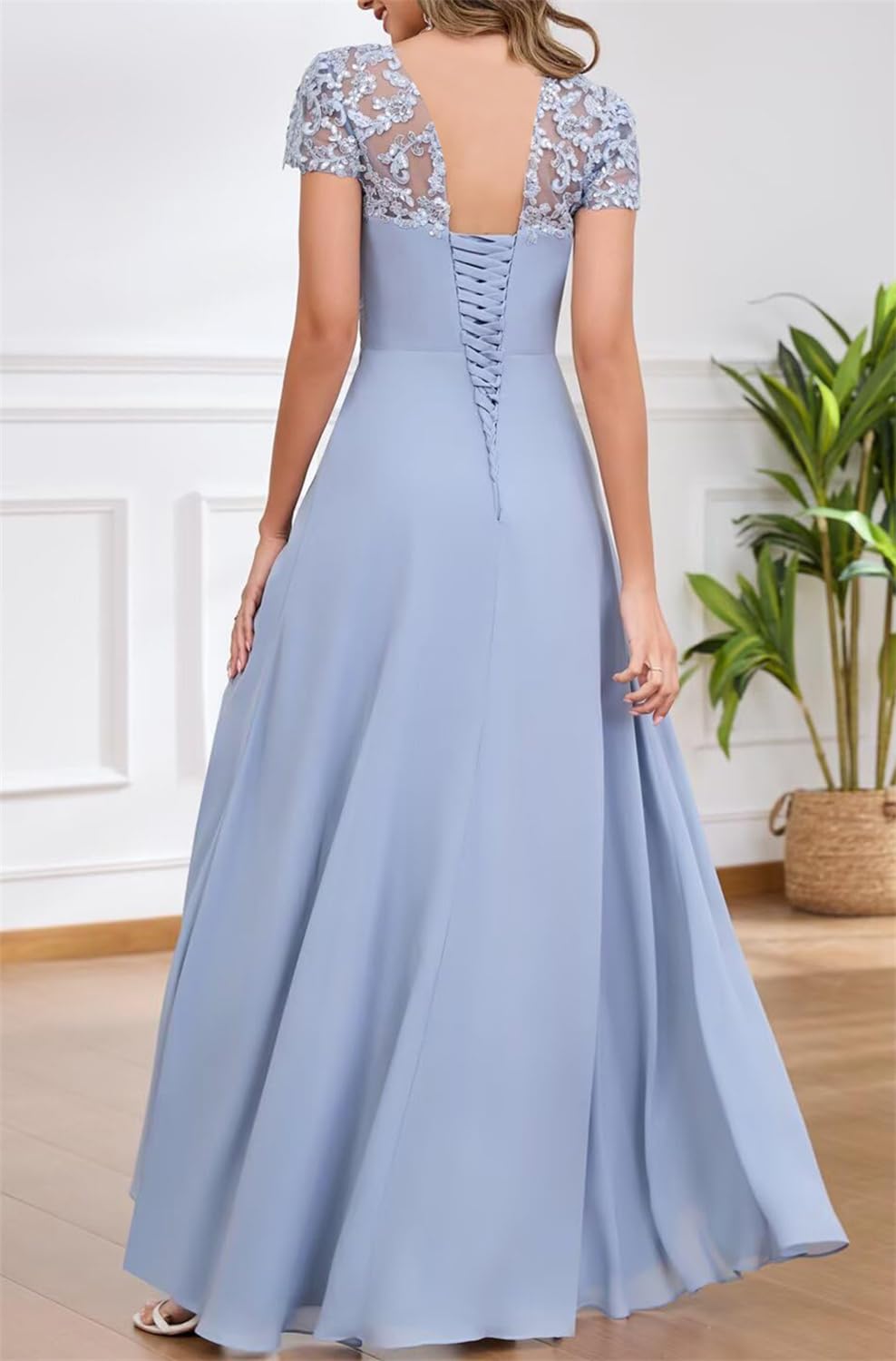 KIYNE Abito da donna con maniche ad aletta e scollo a V, in chiffon, per madre della sposa, abito lungo plissettato increspato da sera formale