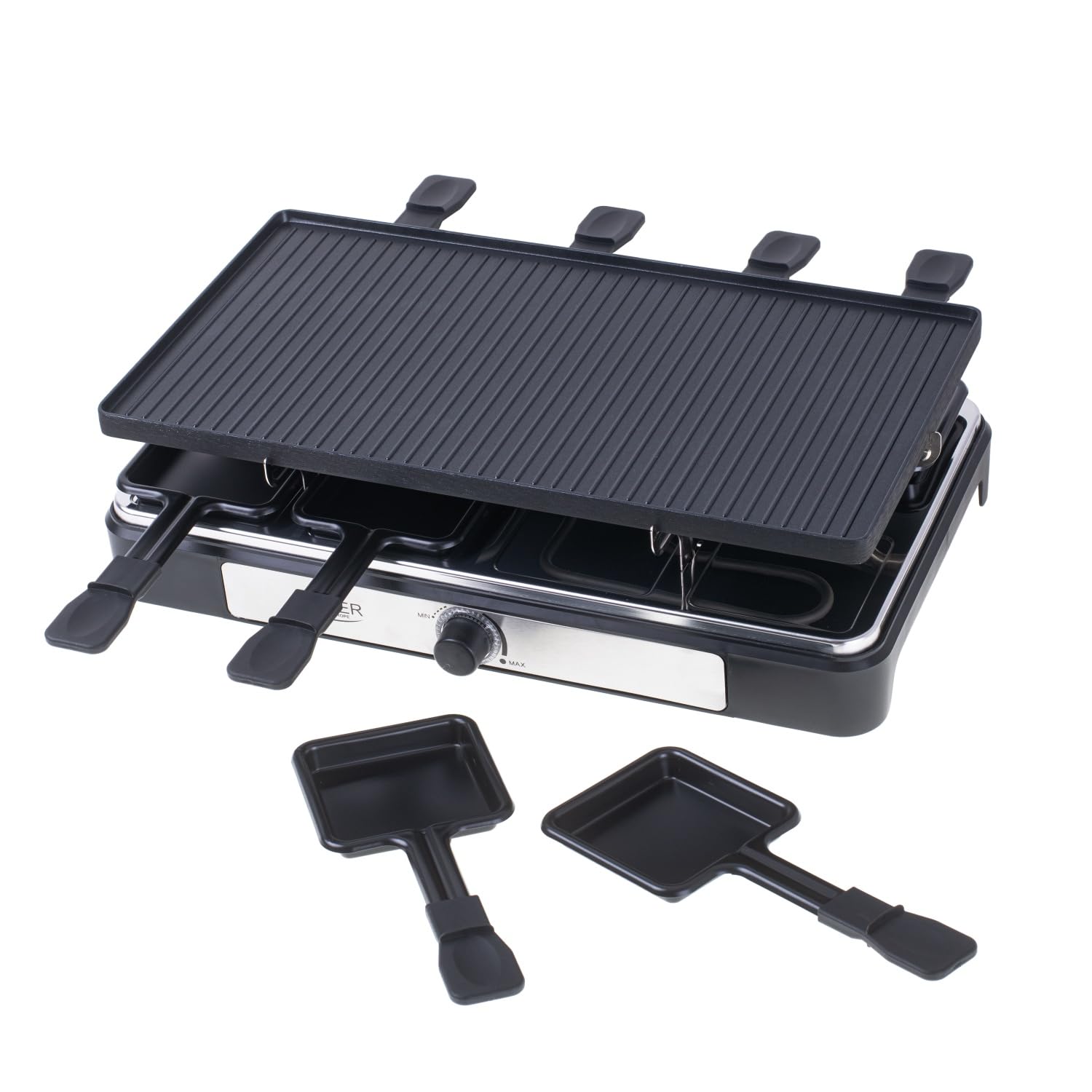 Adler AD6616 elektryczny grill raclette w komplecie z patelniami – bezdymny grill w nowoczesnym stylu dla 8 osób – duża powierzchnia grillowania – elektryczny ruszt do grillowania – do smażenia potraw